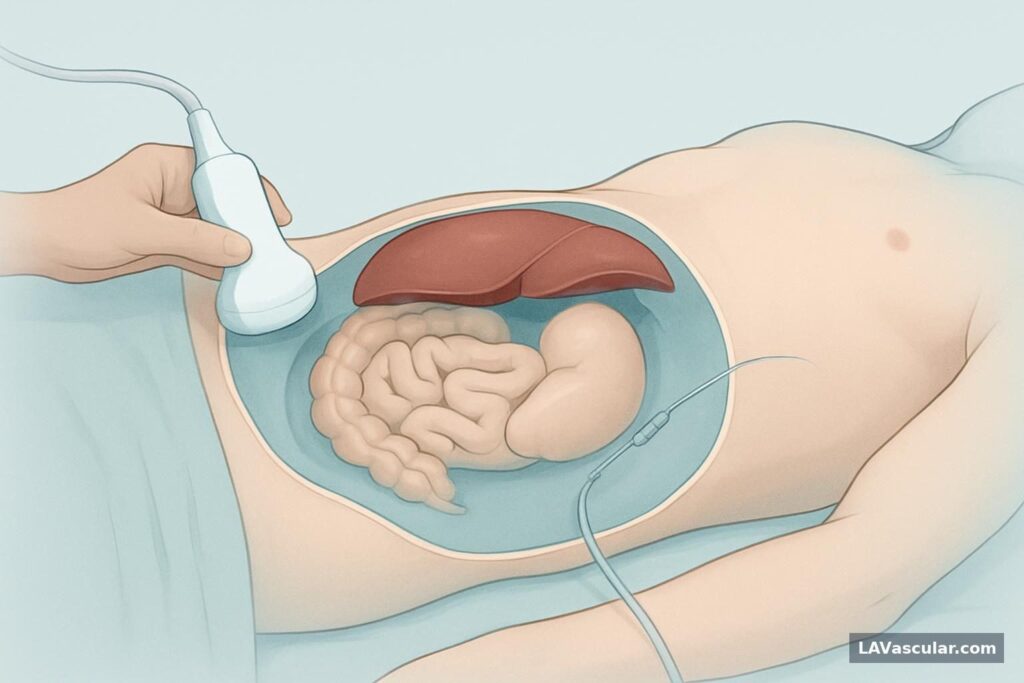 Cross-section showing ultrasound-guided needle drainage of ascitic fluid from the lower abdomen.