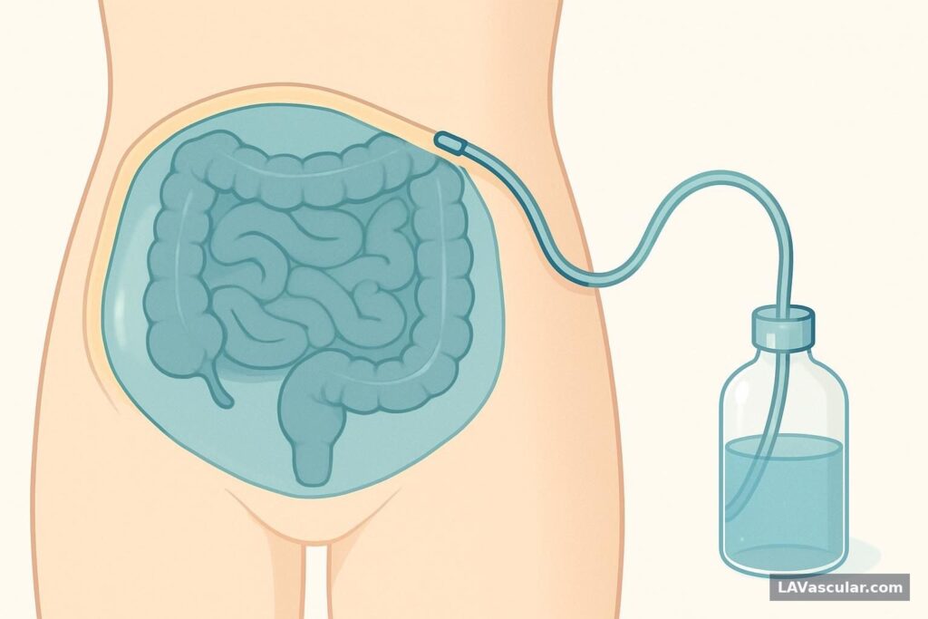 Cutaway of a tunneled peritoneal catheter draining ascites from the abdomen to an external bottle.