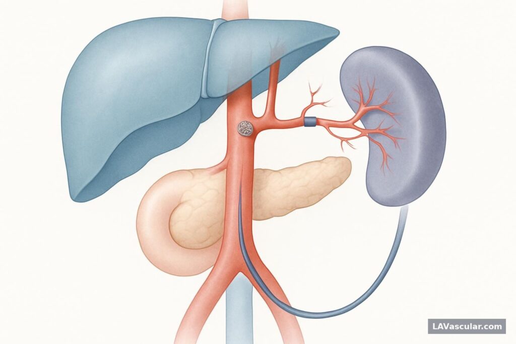Illustration showing a catheter placed in the splenic artery to embolize bleeding after a spleen injury.