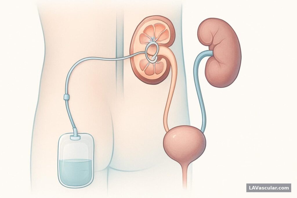 Illustration of a nephrostomy catheter draining urine from a blocked kidney to an external bag.