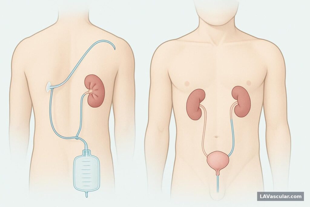 Illustration of a nephroureteral catheter entering the kidney through the back and passing down the ureter to the bladder.