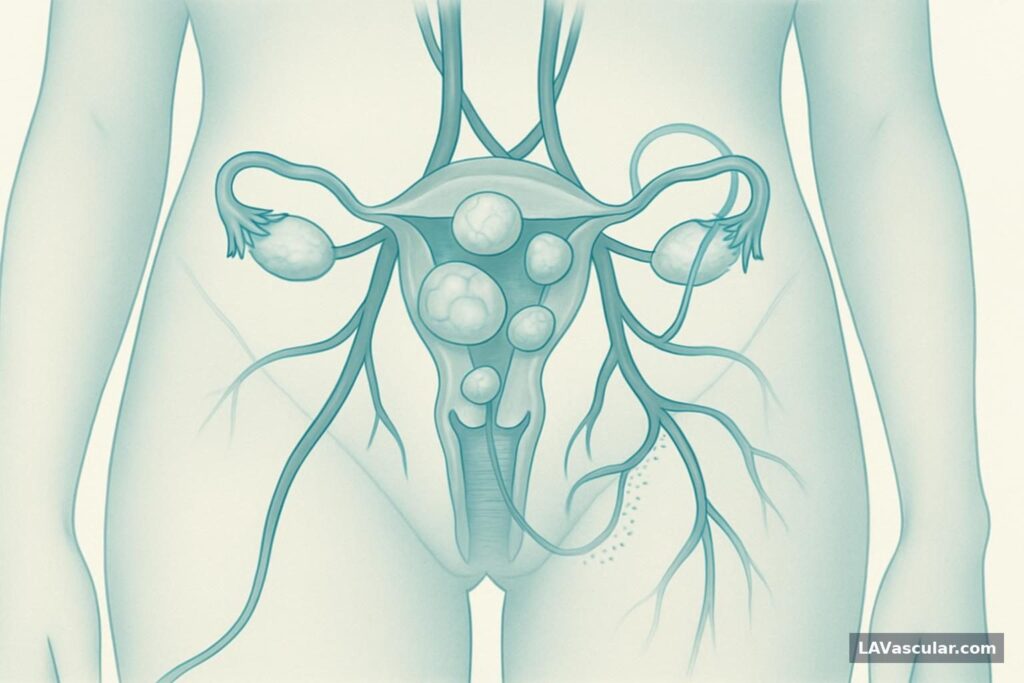 Illustration of a catheter delivering embolic particles into uterine arteries supplying fibroids.