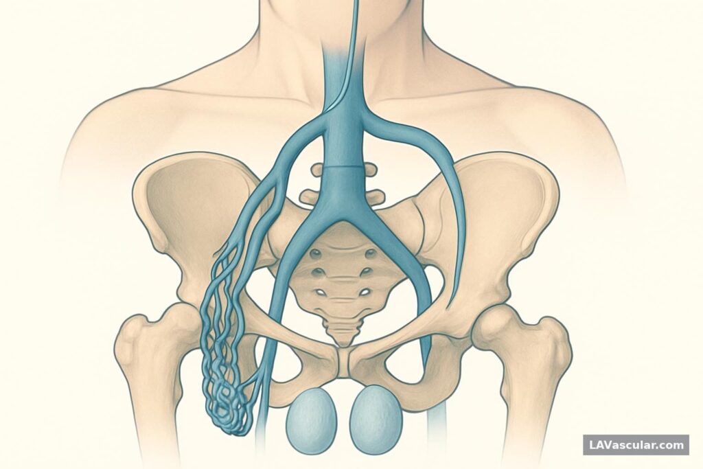 Illustration showing a catheter blocking the left gonadal vein to treat an enlarged scrotal varicocele.