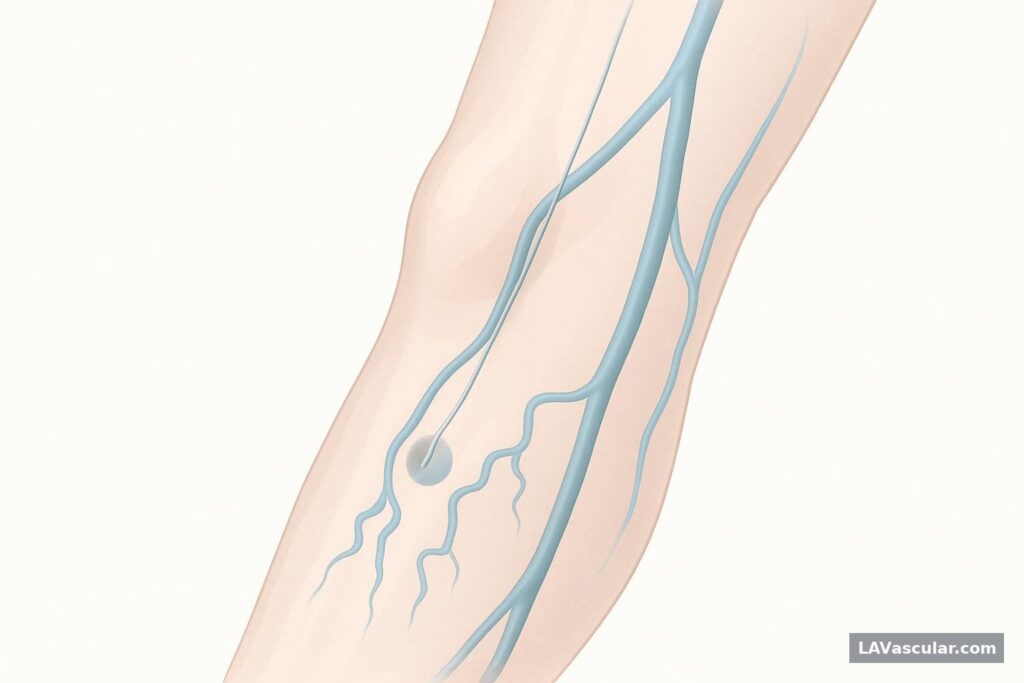 Cutaway illustration of catheter-delivered adhesive closing a faulty superficial leg vein near varicose branches.
