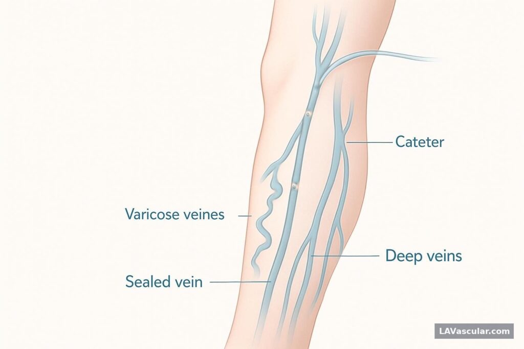 Illustration of a catheter closing the great saphenous vein to treat leg varicose veins.