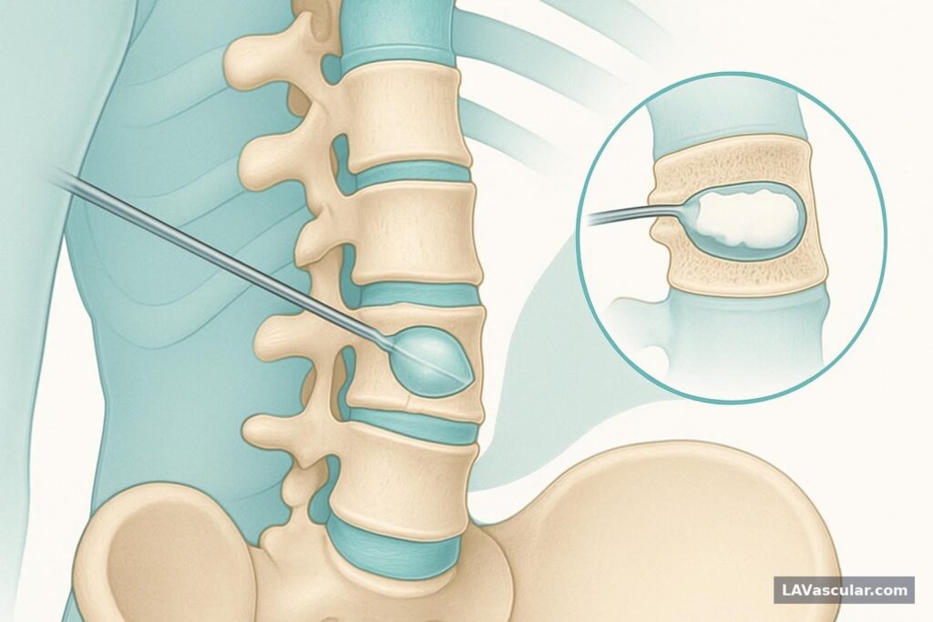 Cutaway of kyphoplasty balloon and bone cement stabilizing a compressed vertebra through a posterior pedicle approach.