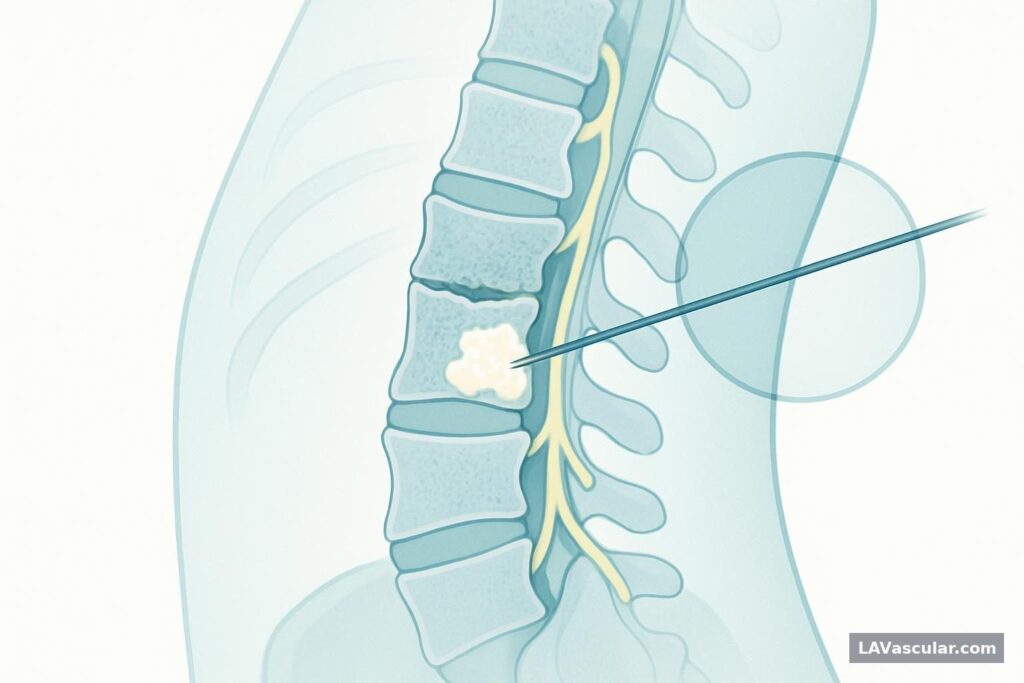 Illustration of a needle injecting bone cement into a compressed vertebra through the back.